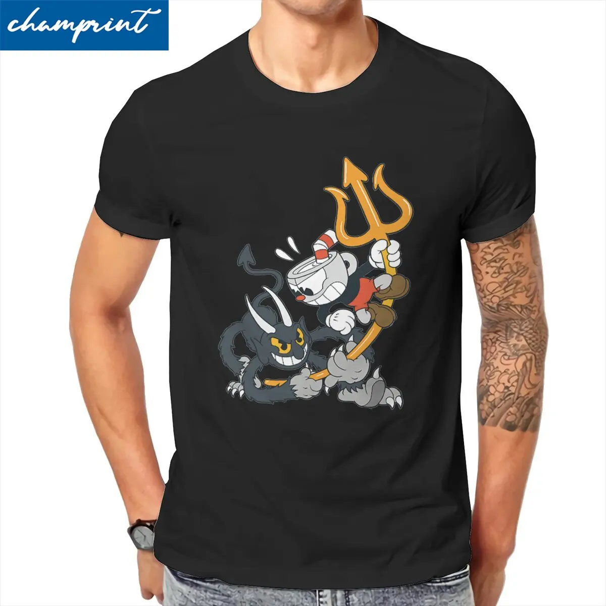 

Men Cuphead Devil T Shirt Mugman Pure Cotton Clothing Cool Short Sleeve Crewneck Tee Shirt Printed T-Shirts