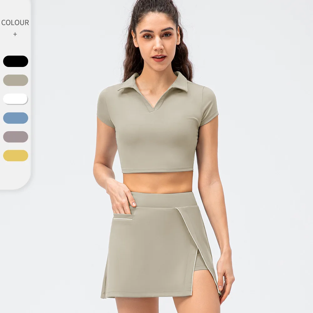 

Women's Yoga Fitness Leisure Sports Fake Two-Piece Tennis Skirt Running Culottes Nude Tight Short Sleeve Two-Piece Suit