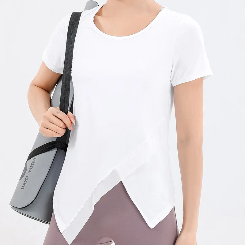 

Молочный шелк одежда для йоги быстросохнущая летняя дышащая Спортивная футболка для улицы свободная крутая тонкая женская футболка с коро...