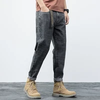 fashon men plaid demin long pants summer gray classic thin elastic stretch slim fit business casual trouser