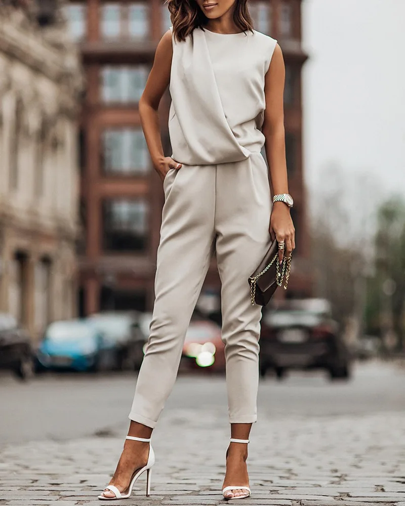 

Sleeveless Pocket Decor Casual Jumpsuit Women Solid Color High Waist O Neck Fashion Casual Overall Jumpsuits Pants