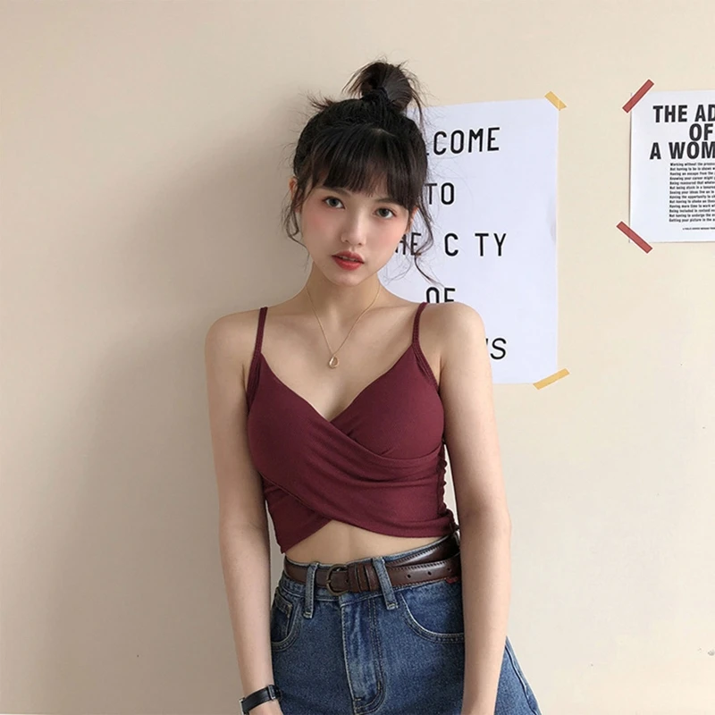 

Women Sexy Cross Wrap V-Neck Camisole Padded Ribbed Knit Seamless Plain Crop Top