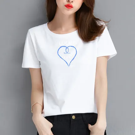 

Футболка женская хлопковая с коротким рукавом, свободная короткая рубашка с аппликацией в Корейском стиле для студенток