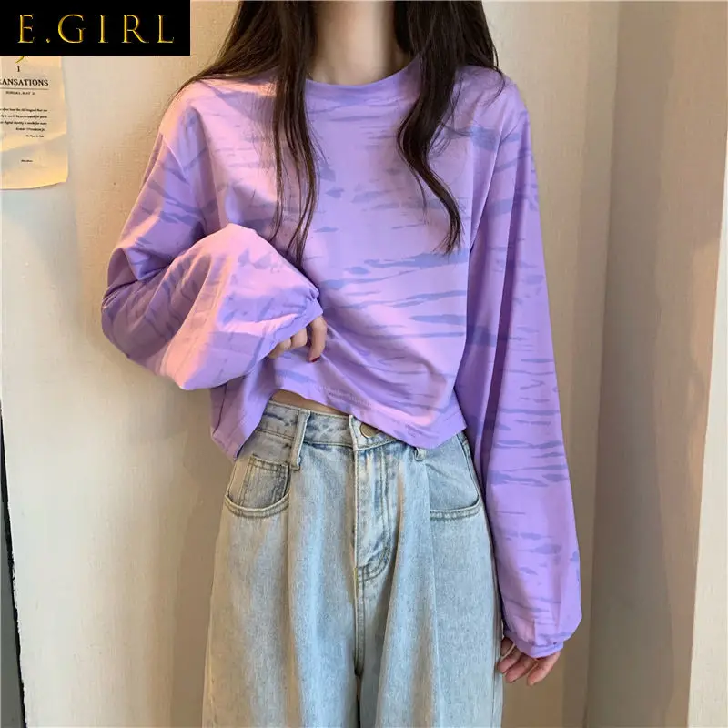 Long Sleeve T-shirts Women Spring Tie Dye Holiday Streetwear Design Tops Tees Clothes Female Ulzzang Fashion O-neck Loose BF Ins