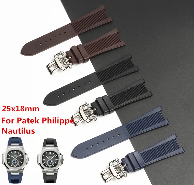 

25mm Rubber Silicone Watch Strap Black Brown Blue Folding Buckle Watchbands for PATEK PHILIPPE strap Nautilus Series Watchband