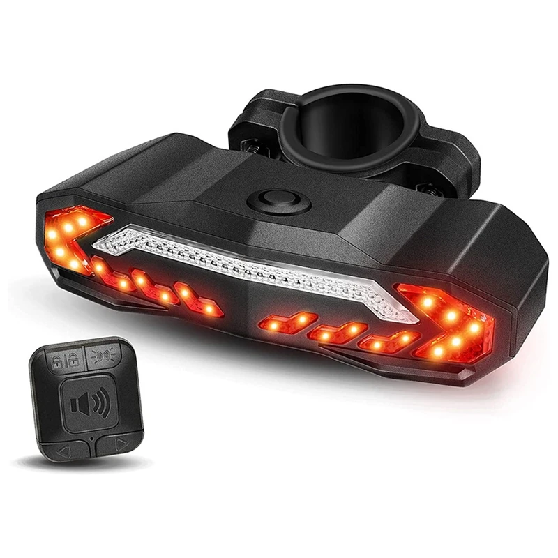 

Bike Tail Light With Turn Signals And Brake Light, Bike Alarm Horn With Remote, Auto ON/OFF 5-IN-1 Bicycle Tail Light