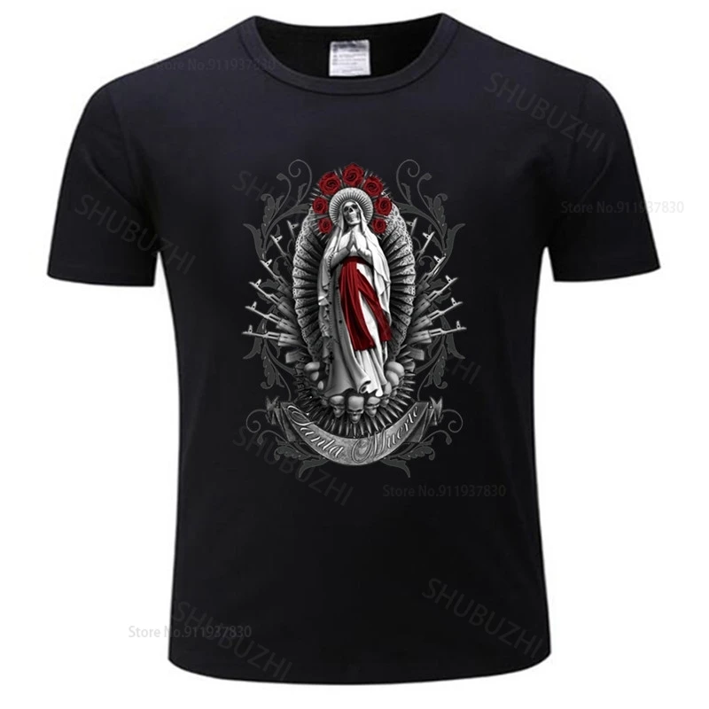 Men o-neck tshirt fashion brand t-shirt black new Santa Muerte T Shirt Lady of Holy Death T-shirt Mexican Skull Tee