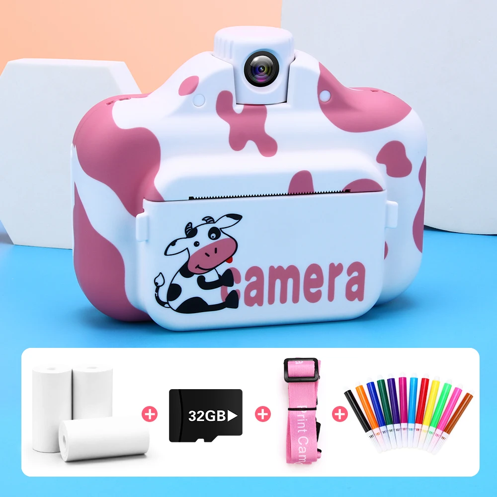 

Kids Instant Print Camera Thermal Paper Printer Cartoon Cow Wireless WIFI Printer Toy 1080P Video 4K HD Child Digital Camera Toy