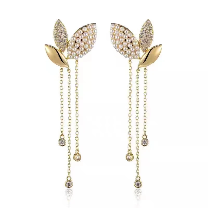 

Серебряные игольчатые серьги с кисточками и жемчугом, инкрустированные бриллиантами и листьями, длинные серьги-Цепочки, маленькие ювелирн...