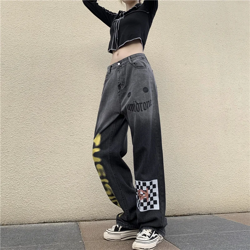 Men Jeans Ins Retro Gradient Black and White Plaid Letter Printing Casual Loose Jeans Men and Women Pants Y2k Pants Ins Hot Sale