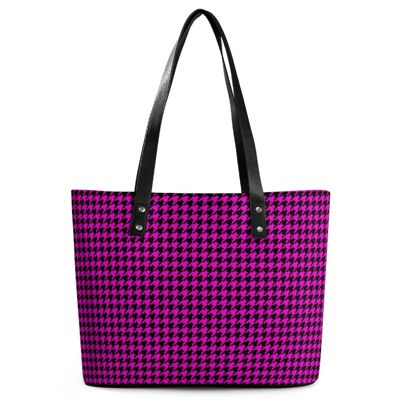 

Black Pink Houndstooth Handbags Female Retro Print Tote Bag Modern Business Shoulder Bag Graphic Design PU Leather Shopper Bags