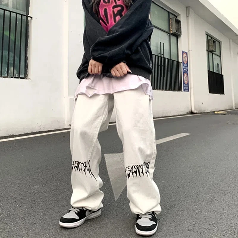 High Steet Women's White Print Jeans Y2K Korea Men's Harajuku Casual Streetwear Clothes Baggy Jeans Trousers Male Wide Pants
