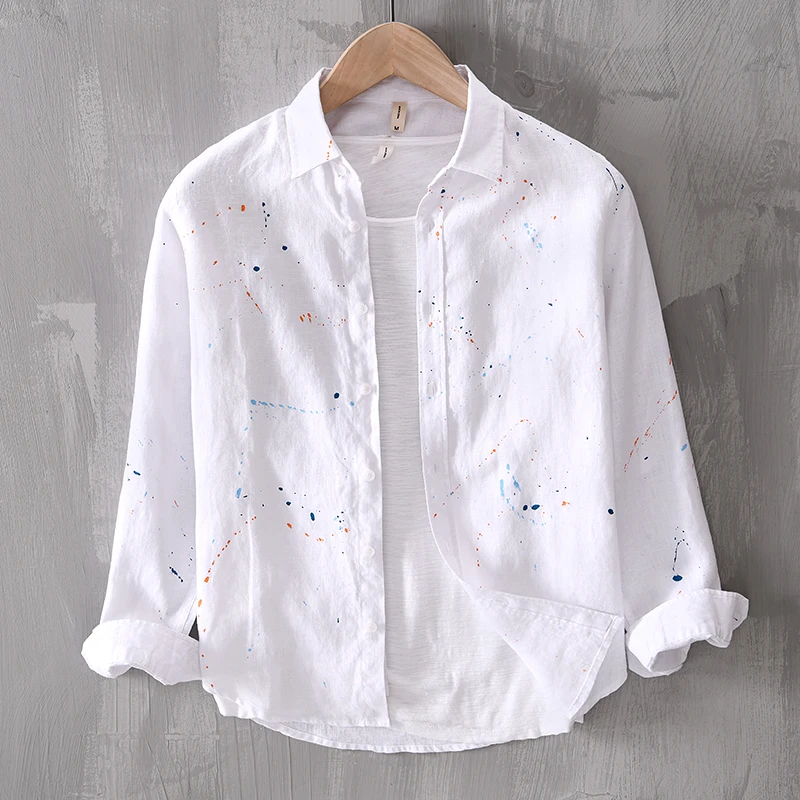 

New Designer Long-sleeved Painting Color Casual Pure Linen Shirts For Men Fashion Breathable Tops Clothes Camisa Masculina