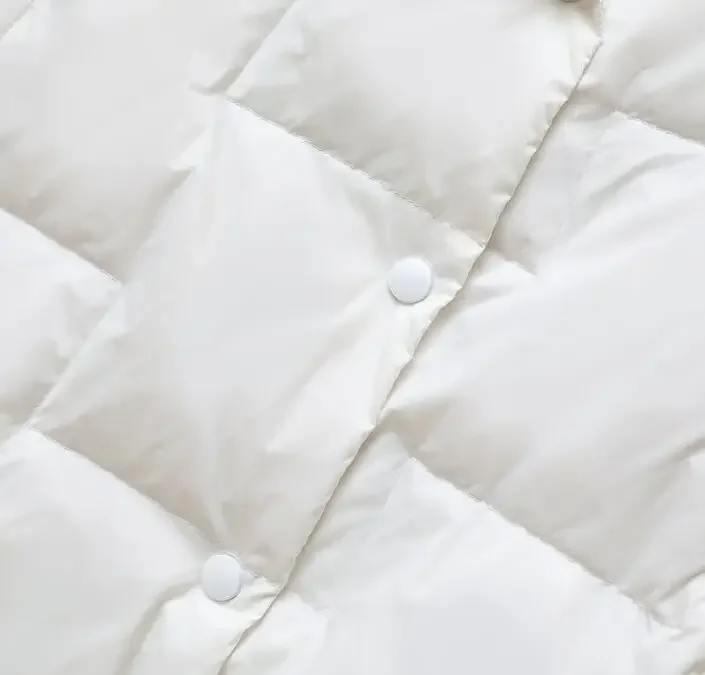 Стильный женский черно-белый зимний теплый однобортный пуховик с лацканами