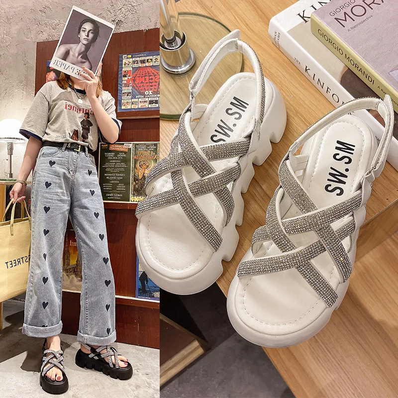 

Cross Rhinestone Sandals Women's 2022 Summer New Sponge Cake Platform Slippers Wear Flip Flops Casual Beach Shoes Ladies Shoes