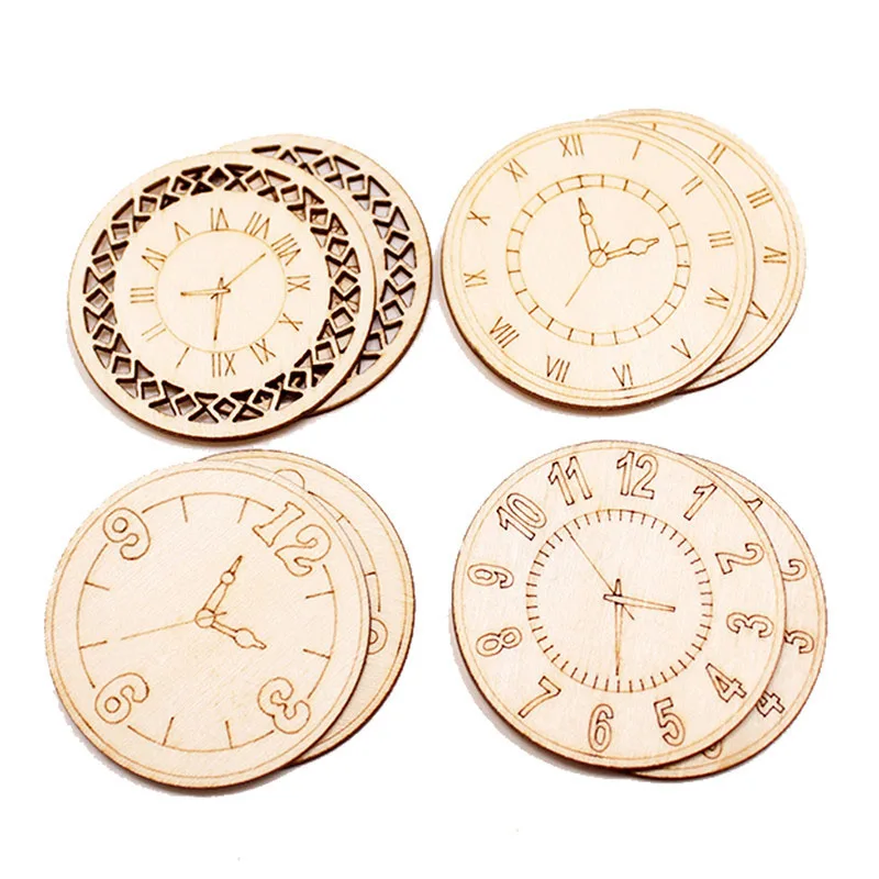 

Wood Mixed 8Pcs Home Decoration Handmade Accessory Retro Wooden Ornament DIY Scrapbooking Crafts Roundness Clock Pattern 45mm