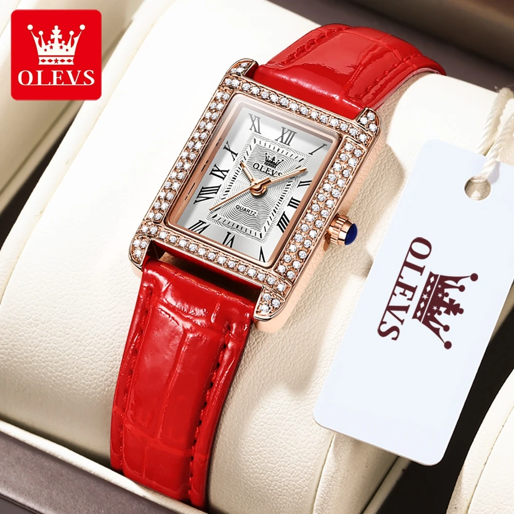 

OLEVS 23x26mm Small Rectangle Quartz Female Watch Full Diamond Roman Dial Luminous Hands 30m Waterproof Ladies Clock Red White