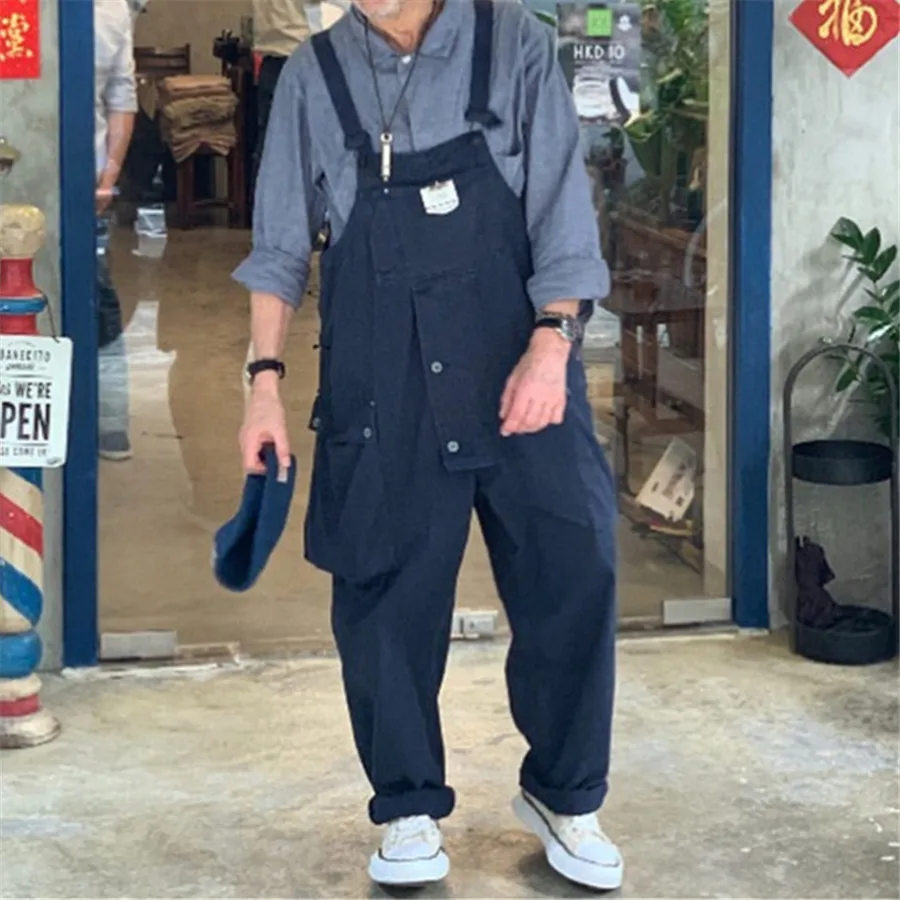 2024 New Men's Cargo Pants Casual Streetwear Solid Color Loose Overalls Multi-Pocket Jumpsuit Men Suspenders Baggy Work Wear
