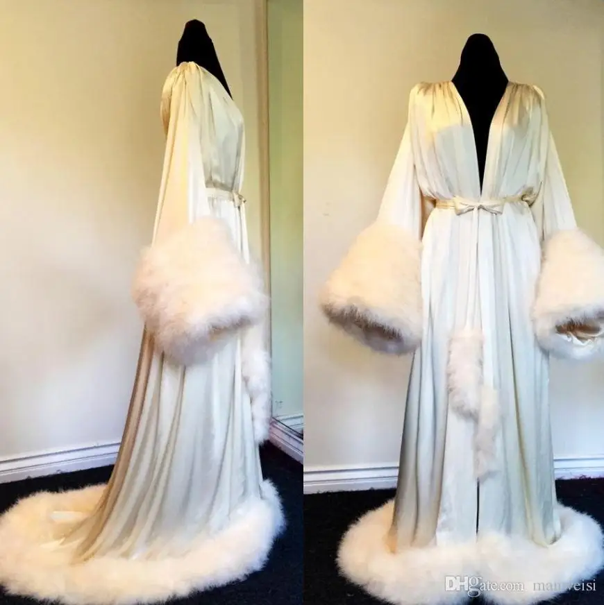 Women Winter Robe Nightgown Bathrobe Pajamas Sleepwear With Fur Train Long Sleeve Jackets Wedding Bridesmaid Shawel