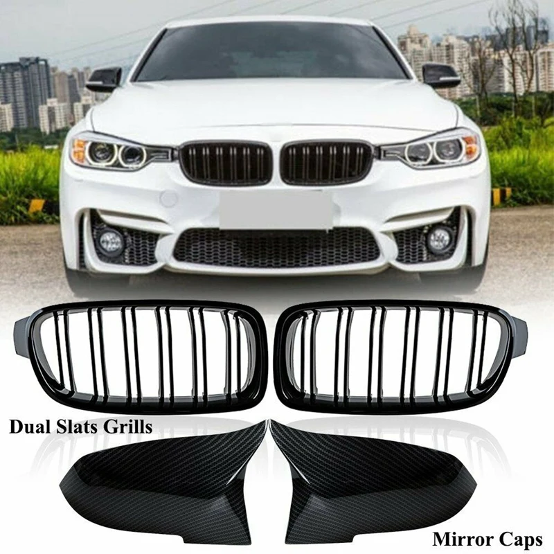 

Car Kidney Grill + Carbon Fiber Mirror Caps Covers For-BMW F30 Sedan 320I 328I 2012-2018