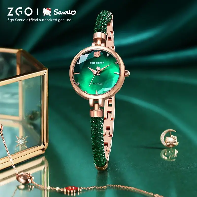 

Часы марки Sanrio женские, маленькие Роскошные винтажные зеленые модные наручные часы с котенком, с браслетом