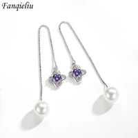 fanqieliu s925 stamp zircon drop earrings for women luxury long pearl dangler trendy flower jewelry girl gift new fql193269