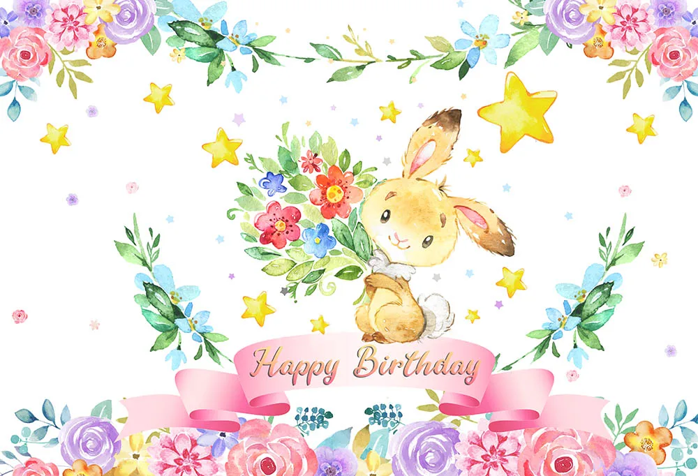 

7x5FT Gold Pink Floral Little Bunny Happy Birthday Easter Day Rabbit Carrot Custom Photo Backdrop Background Vinyl 220cm X 150cm