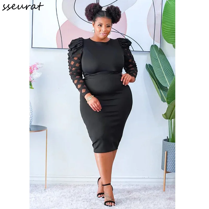 

Осенне-зимнее женское платье-карандаш средней длины с круглым вырезом и длинными рукавами-фонариками