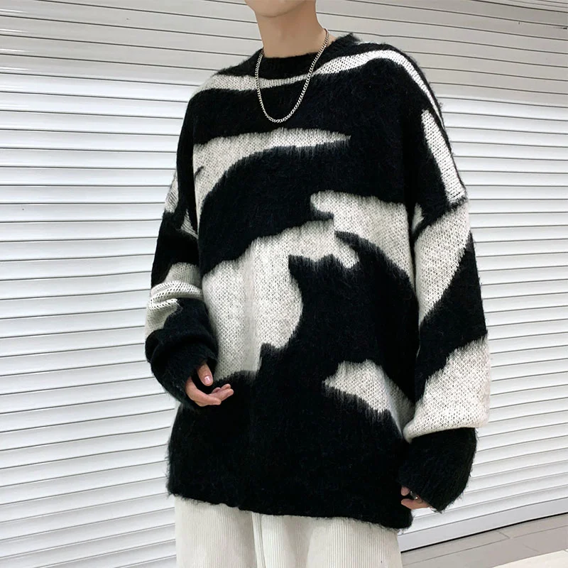 

Ro Autumn Winter New Men Sweater Black White Block Jacquard Streetwear Men Tie dye Casual Pullover Harajuku High Street Top