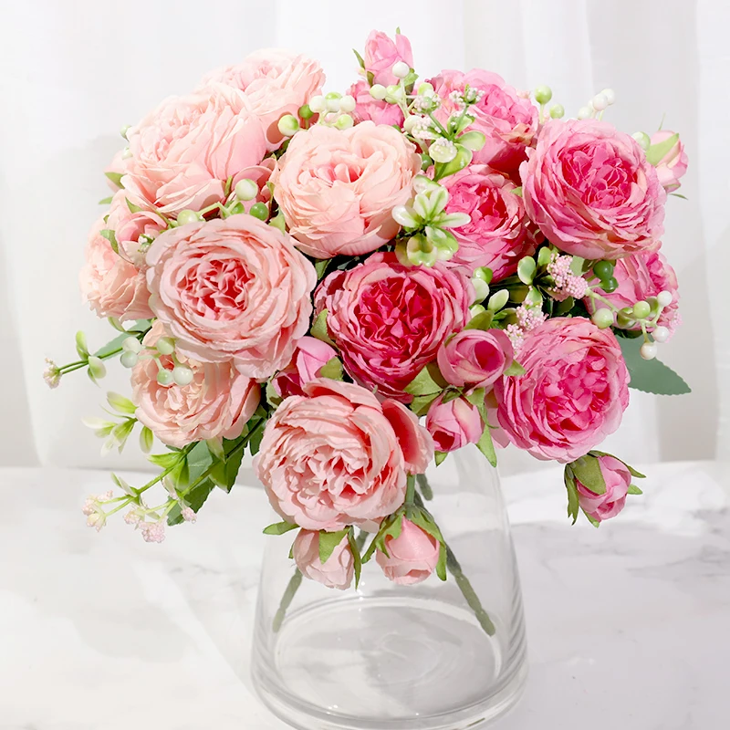 

New Artificial Flowers White Silk Peony High Quality Pink Bride Bouquet Wedding Decor Fake Flower Home Accessories Craft