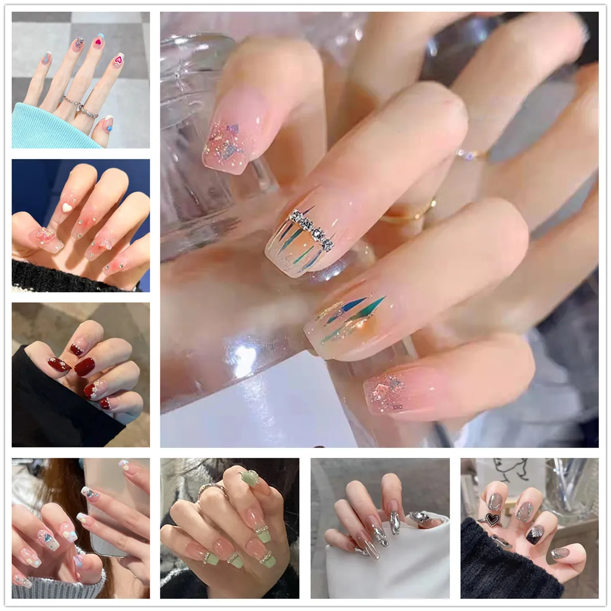 

False Nails Bow Rhinestone Blush Gradient Press On Wearable Full Cover Finished Artificial Fake Nails Manicure With Jelly Glue