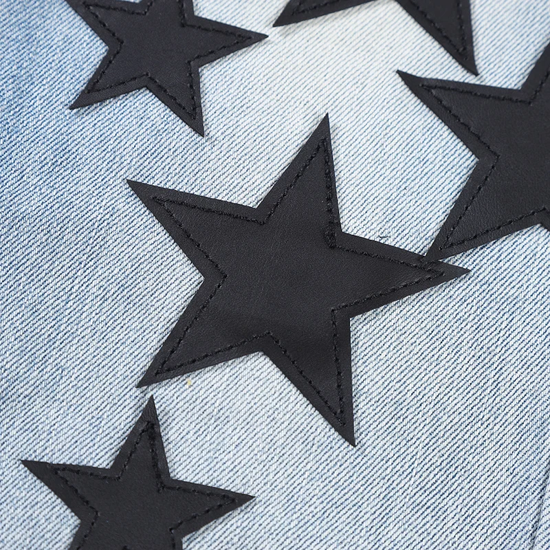 High Street Fashion Men Jeans Retro Light Blue Elastic Skinny Ripped Jeans Men Stars Patch Designer Hip Hop Brand Pants Hombre