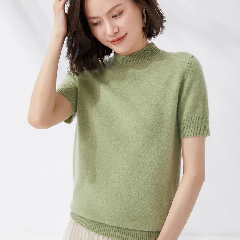 

Spring 2022 Ladies 100%Wool Short Sleeve Half Turtleneck Worsted Knit T-Shirt Thin Cashmere Sweater Solid Half Sleeve Pullovers