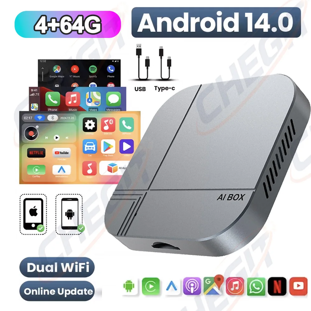 

Android 14.0 Smart CarPlay AI Box: Беспроводной Адаптер CarPlay И Android Auto, 4G+64G/2G+16G, ТВ-бокс Для YouTube И Netflix
