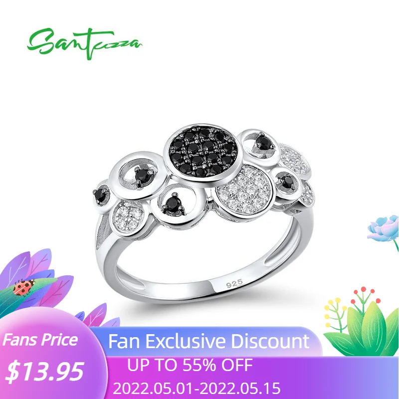 

SANTUZZA Silver Rings For Women Authentic 925 Sterling Silver Round Black Spinel White CZ Concise Trendy Party Ring Fine Jewelry