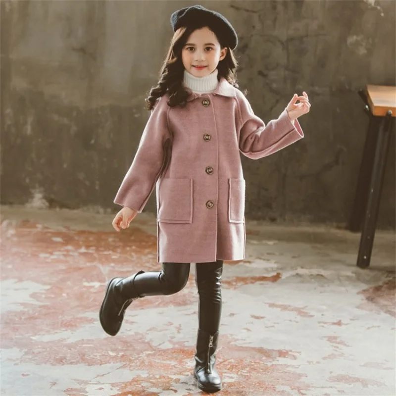 Kids Winter Wool Blend Coats Vintage Fashion Teen Girls Beige Long Jackets Warm Outerwear Thick Jacket Child 7 8 10 12 Years Old images - 6