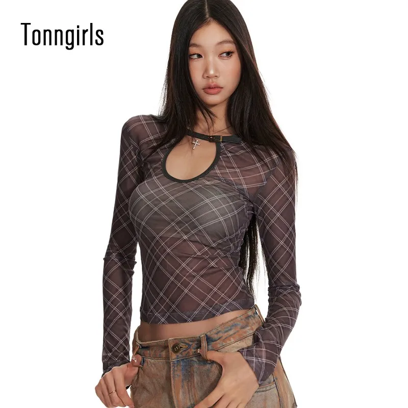 Клетчатая футболка Tonngirls Y2k женские облегающие винтажные кроп-топы с вырезами