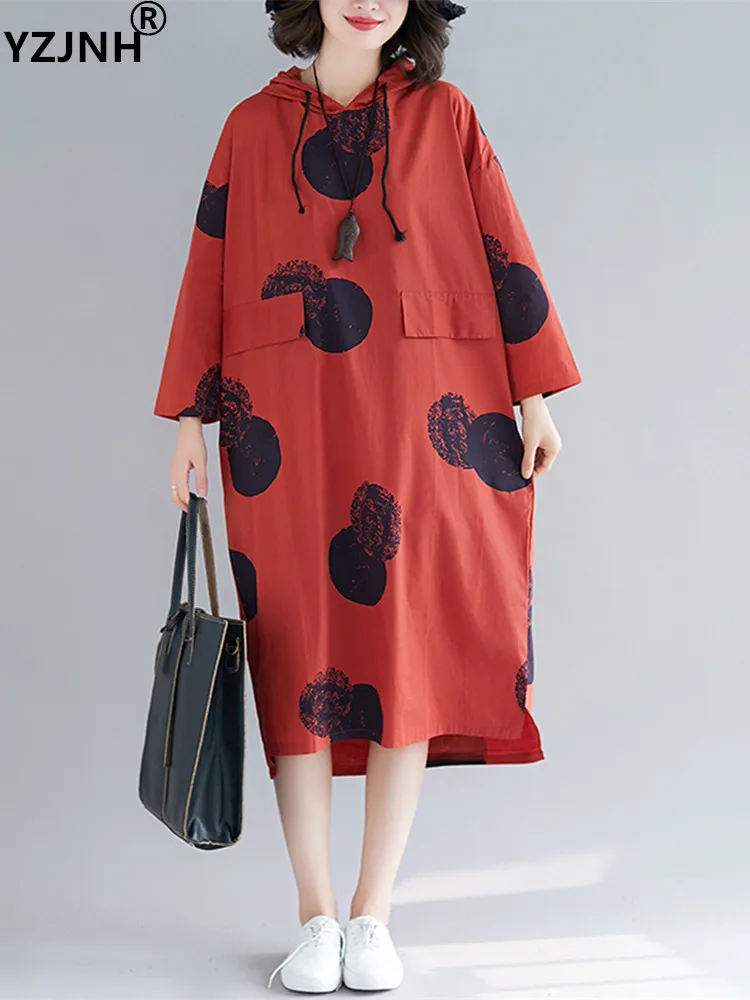 

YZJNH 2023 осеннее новое длинное платье свободное повседневное хлопковое конопляное платье с капюшоном с длинным рукавом в горошек большого размера