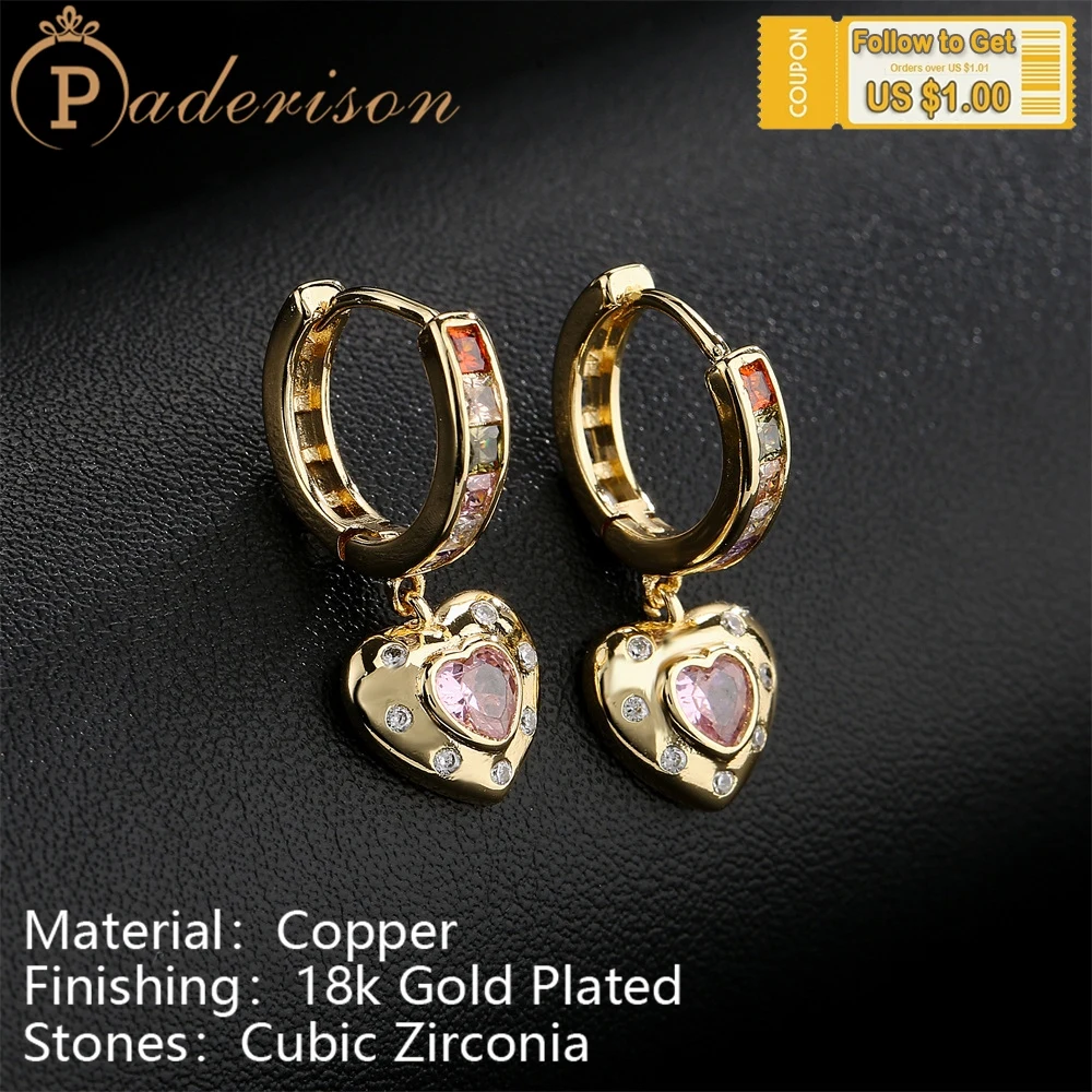 

Luxury Lovely Heart Zircon Drop Earring for Women Sweet Colorful Shiny Zircon Earrings Copper 18k Gold-plated Party Jewelry Gift