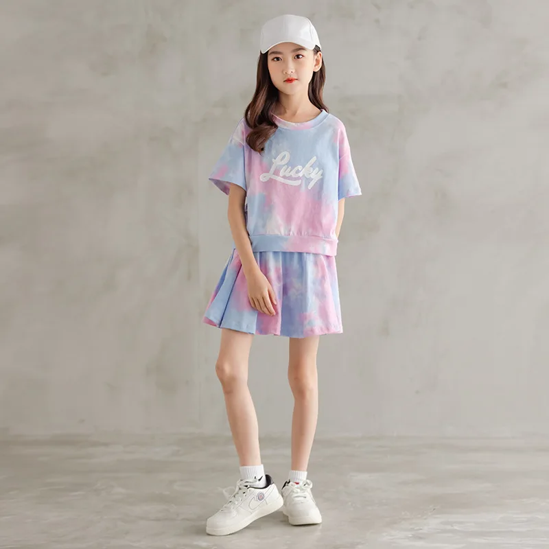 

Summer Sporty Girls T-Shirt + Elastic Culottes Sets School Kids Tie Dye Top Tees+Skirt Set Children 2 Pieces Outfits 5-16 Years