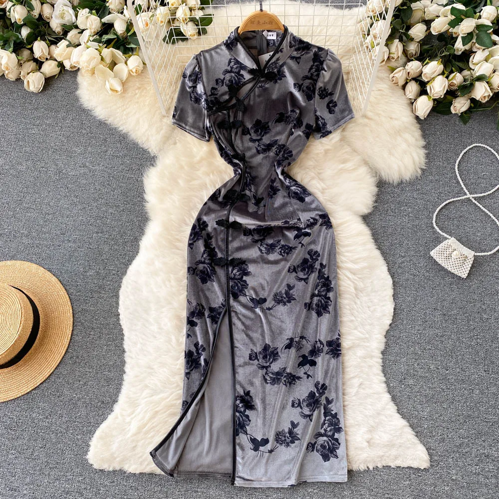 

Summer Vintage Dress Floral Printing Mandarin Collar Empire Dresses Dark Gray Woman Mid-Calf Clothing for Women Dropshipping