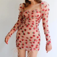 strawberry dress women sweeet french style mesh pleated vestidos autumn ladies casual bodycon lace up wrap sequins mini dresses