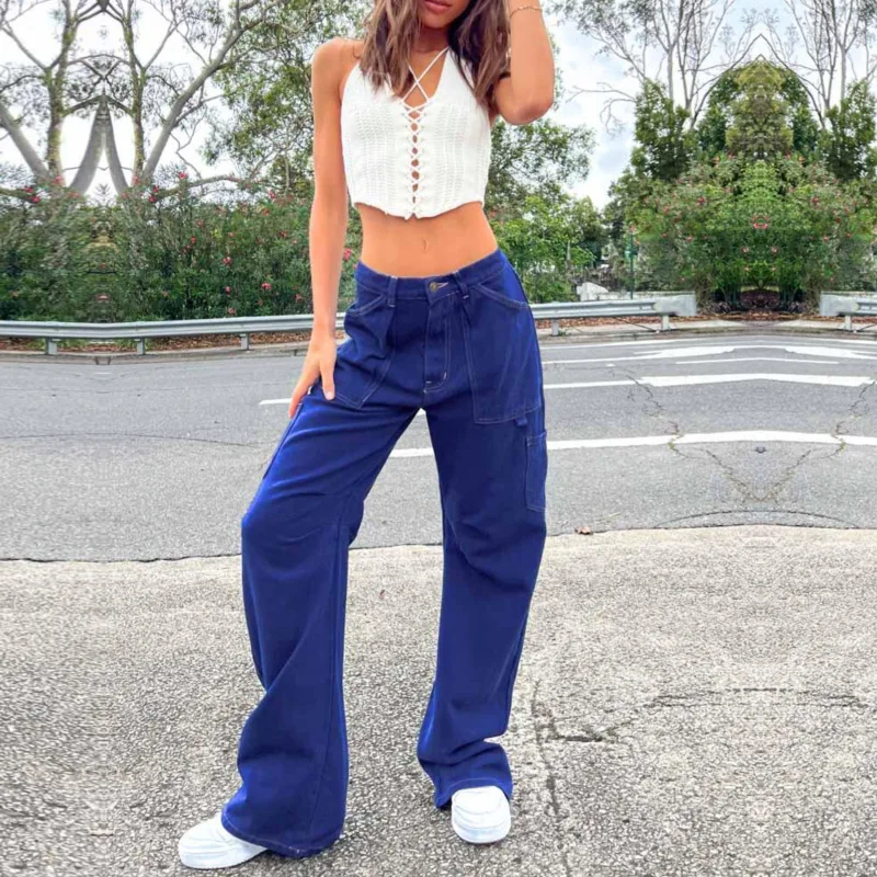 

Женские джинсы с широкими штанинами, повседневные джинсовые брюки с высокой талией и карманами, Длинные винтажные брюки, уличная мода, женс...