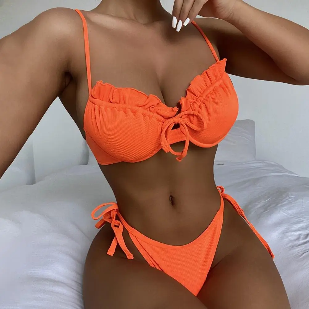 

2 Pcs/Set Push Up Women Swimwear Set Padded Wire Spaghetti Strap Ruffle Summer Bikini for Beach Bathing Suits Women Swimsuit