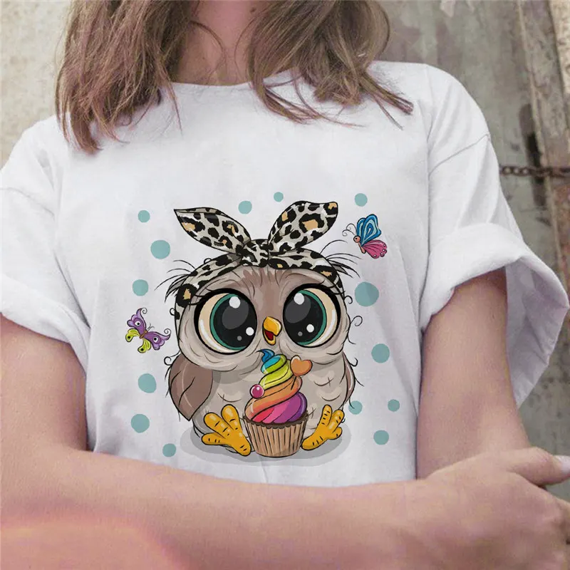 

JIERAN Fashion Trend New T-shirt Cute Owl Graphic Printed Female T shirt Casual Harajuku Crew Neck Ladies Tshirt