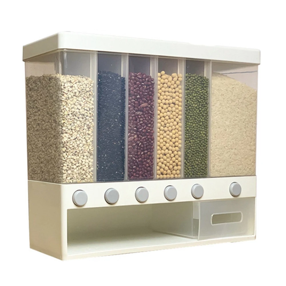 

10KG Wall Mounted Divided Rice and Cereal Dispenser 6 Moisture Proof Plastic Automatic Racks Sealed Food Storage Box