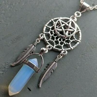 new fashion dream catcher necklace pentagram leaves natural opal crystal pendant witchcraft pagan witch jewelry