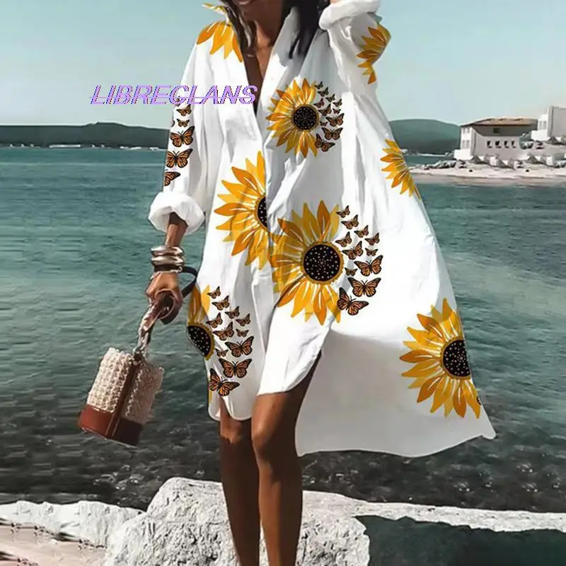 

Autumn Summer Fashion Women's New Shirts Dress Casual Printed Lapel Long Sleeve Buttons Irregular Y2K Beach Sexy Party Dresses