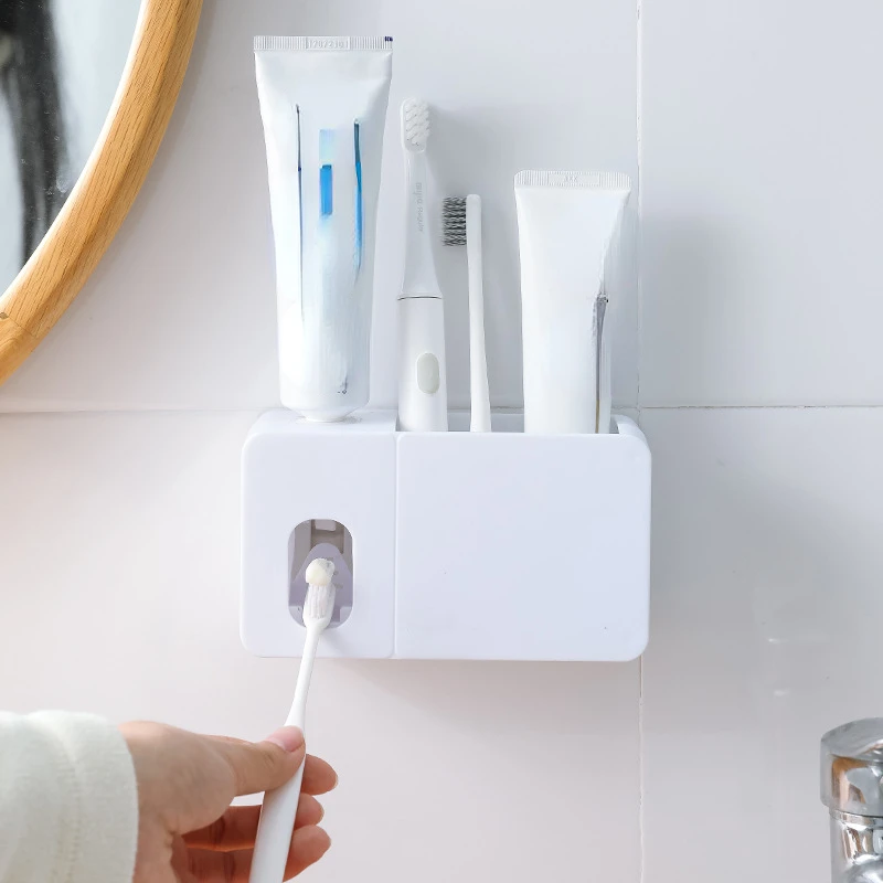 

2022New Bathroom Shelves Toothpaste Dispense Squeezer Automatic Toothbrush Rack Wall-Mounted Punch-Free WC Accessories