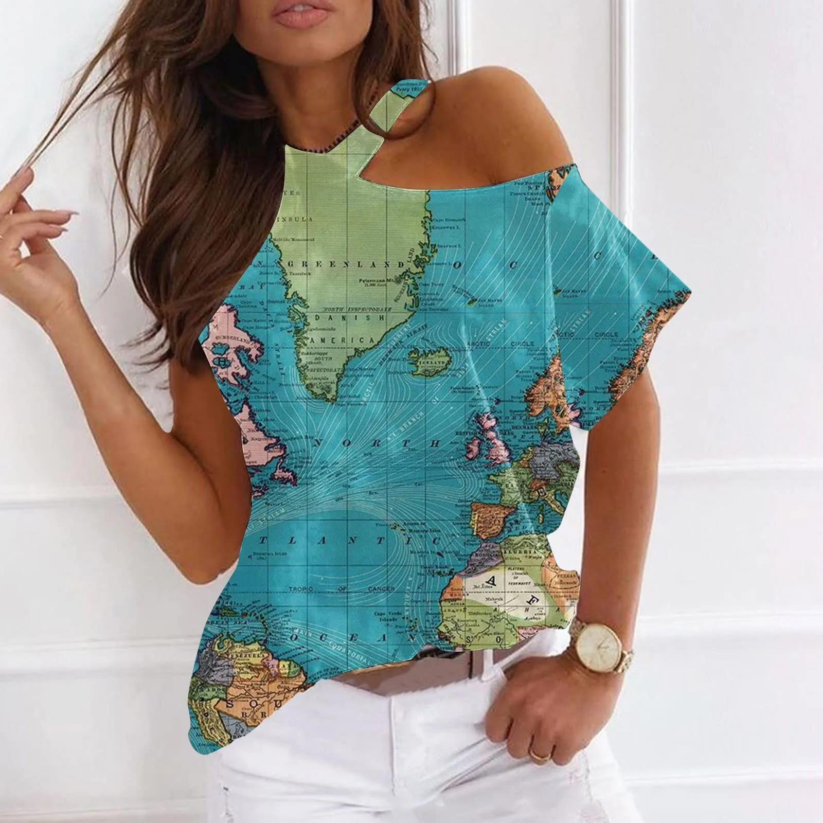 

Maps Graphic Print Shirts Tunic Blouses Women Sexy Off The Shoulder Tops Trendy Round Neck T Shirts Summer Short Sleeve Tees